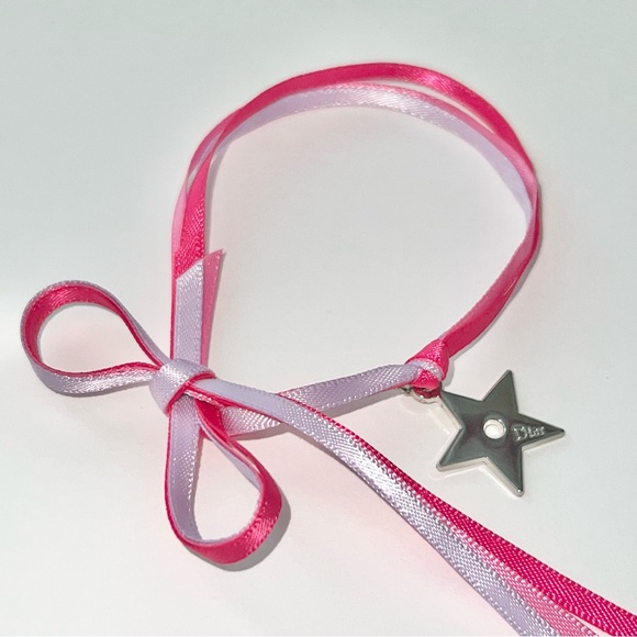 VTG Christian Dior Beauty Pink Ribbon Bow & Star Charm Tie Around Bracelet - Picture 6 of 14
